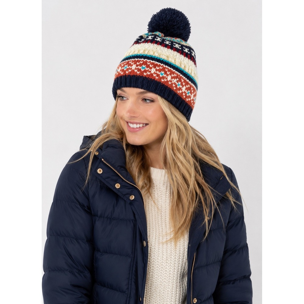 Aerie Fair Isle Pom Pom Beanie Navy Cream Cozy Knit Winter Hat Womens Cabincore